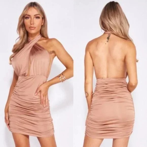 Nude Sleeveless Halter Neck Backless Open Back Cutout Ruched Bodycon Mini Dress - Picture 1 of 17